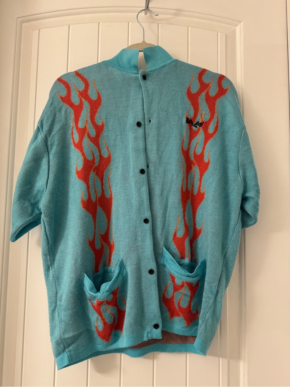 Aqua Knit Button-Up Short Sleeve Cardigan with Red Flame Motif - Bad Boy